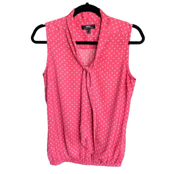 MEXX Pink White Polka Dot Sleeveless Blouse With Bow Women's Size 32, Size XS - Picture 1 of 9